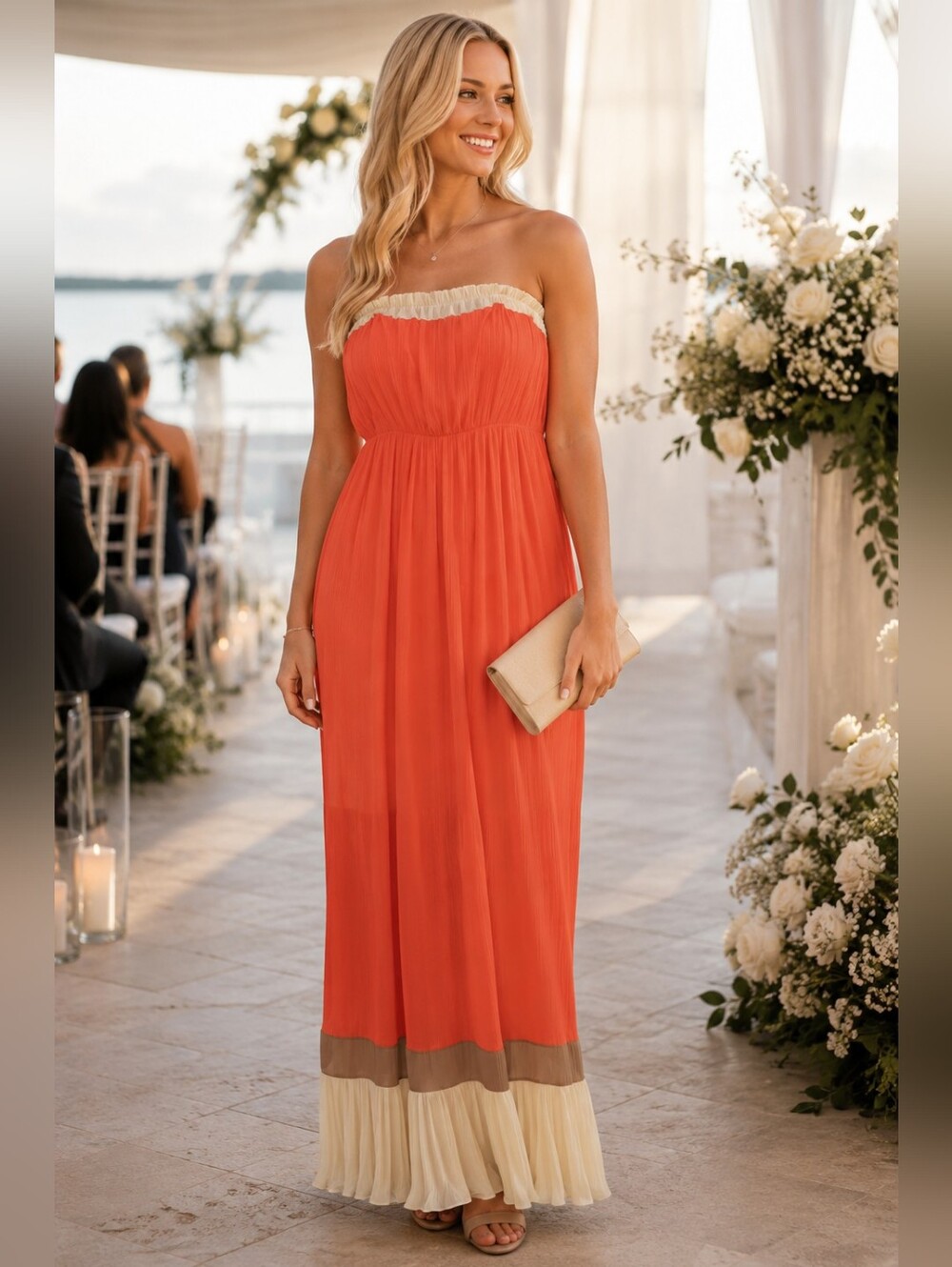 Body central strapless coral pleated maxi dress